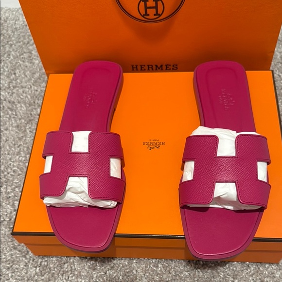 Hermes Shoes - Hermes Pink Oran Sandals Classic Leather Design